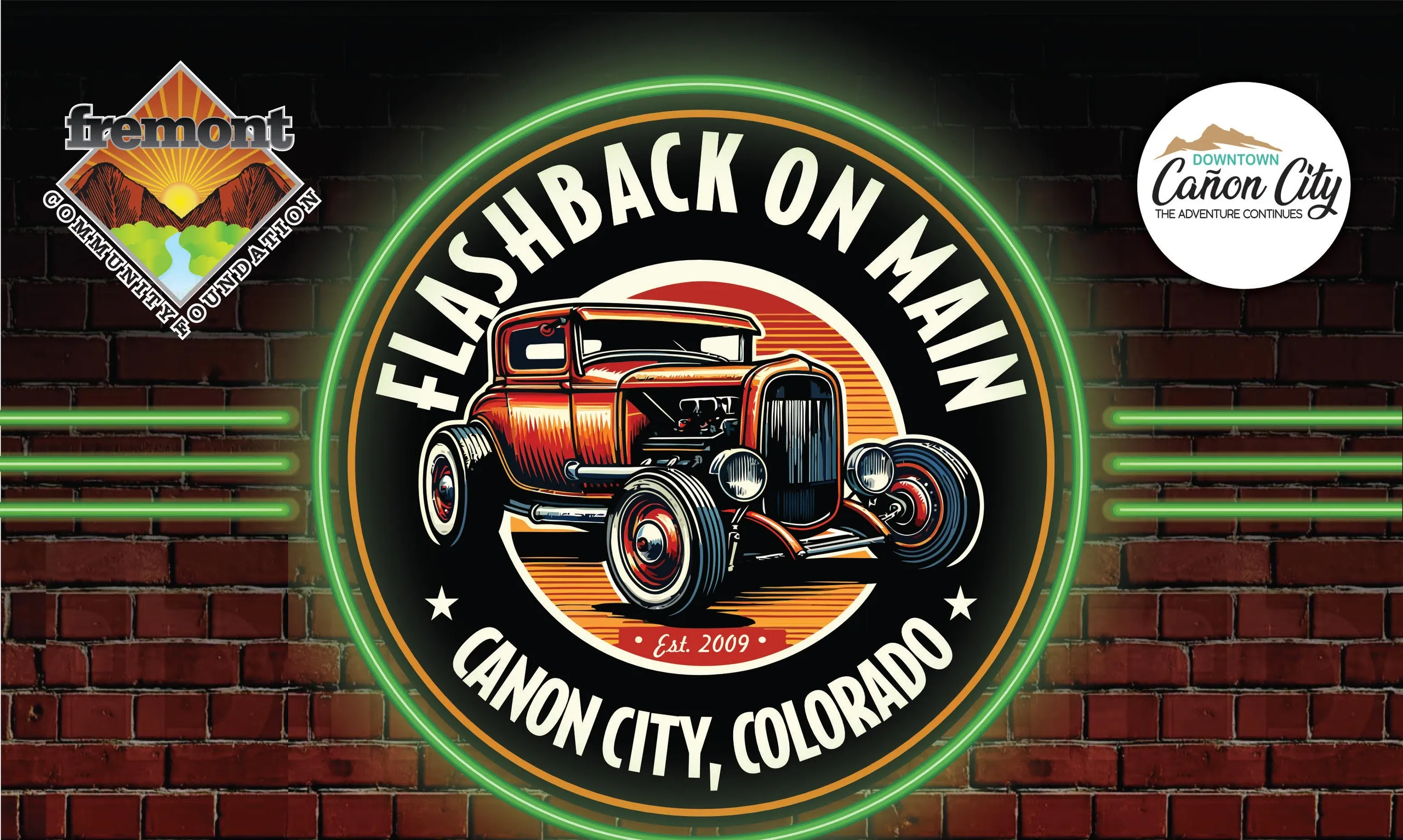 Logo of Flashback on Main car event in Canon City, Colorado with vintage car illustration.